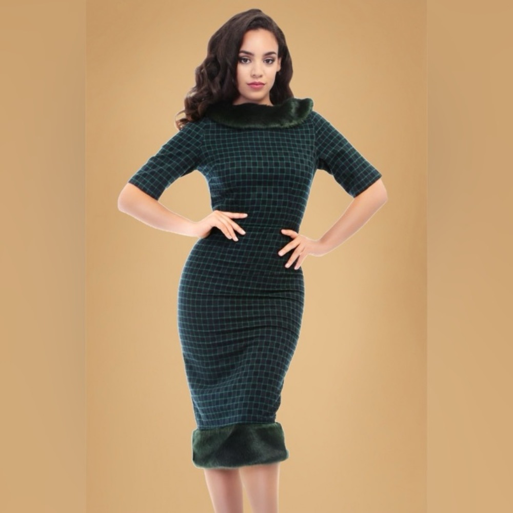 Collectif Navy and Green dress with Faux Fur Trim